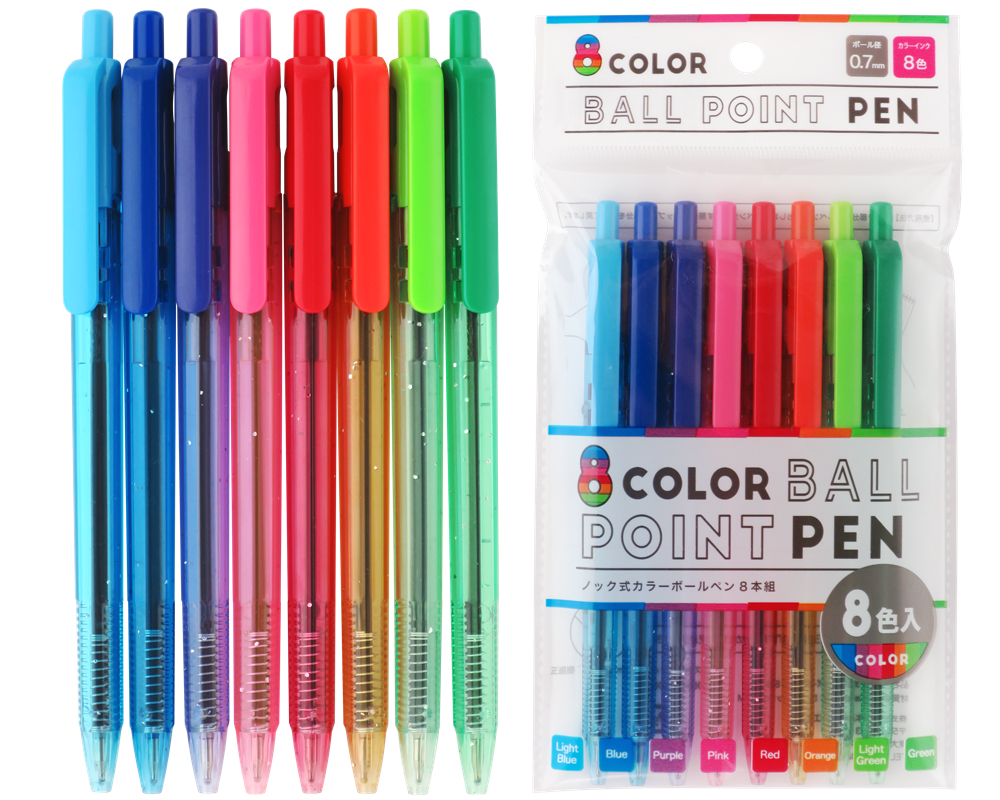 ノック式カラーボールペン 8本組